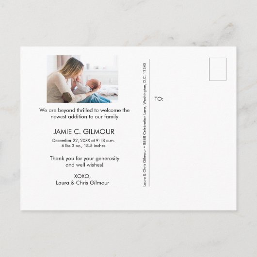 カスタムモダン生まれたばかりの写真Baby Shower 感謝してい you 案内ポストカード (裏面)