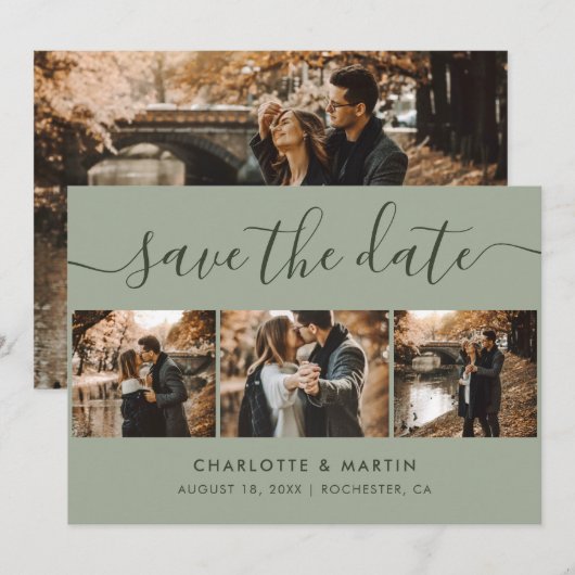 カスタムモダンSage Greenの結婚4枚の写真 セーブザデート (正面/裏面)