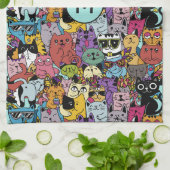 カスタムモノグラムおもしろいキャッツイラストレーション キッチンタオル (折り畳み)