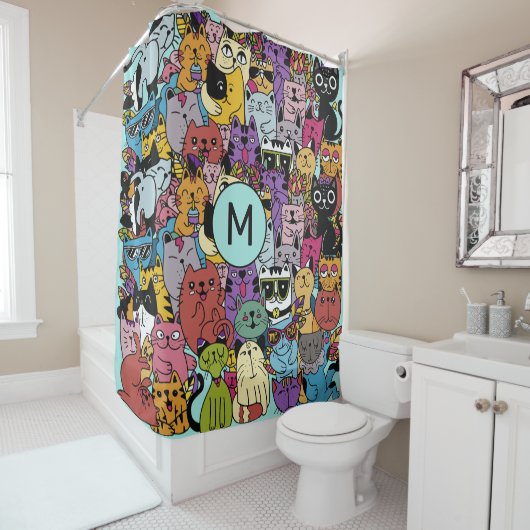 カスタムモノグラムおもしろいキャッツイラストレーション シャワーカーテン (インサイチュ)