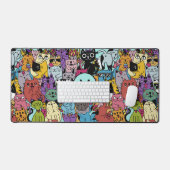 カスタムモノグラムおもしろいキャッツイラストレーション デスクマット (キーボード&マウス)