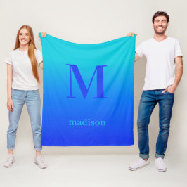 カスタムモノグラムと名前のターコイズから青グラデーション フリースブランケット