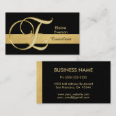 カスタムモノグラムのエレガント金ゴールドブラックイニシャル'E' 名刺 (正面/裏面)