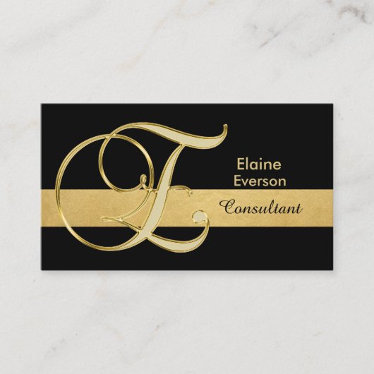 カスタムモノグラムのエレガント金ゴールドブラックイニシャル'E' 名刺 (正面)