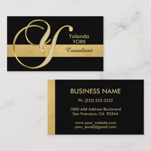 カスタムモノグラムのエレガント金ゴールドブラックイニシャル'Y' 名刺 (正面/裏面)