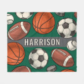 カスタムモノグラムのグリーンスポーツ フリースブランケット (正面(横))