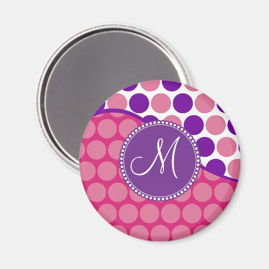 カスタムモノグラムイニシャルピンクパープル水玉模様 マグネット (正面/裏面)