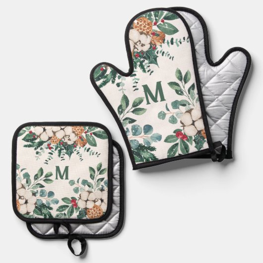 カスタムモノグラムクリスマスグリーン 鍋つかみ&鍋敷きセット (正面/裏面)