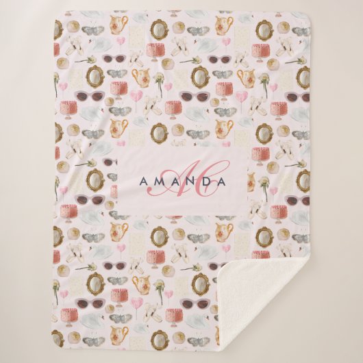 カスタムモノグラムコケガーリーットピンクフェミニン シェルパブランケット (正面)