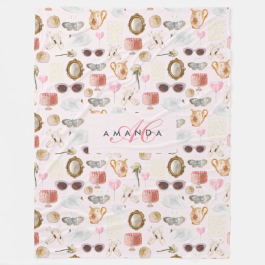 カスタムモノグラムコケガーリーットピンクフェミニン フリースブランケット (正面)