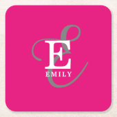 カスタムモノグラムスタイリッシュタイポグラフィホットピンク スクエアペーパーコースター (正面)