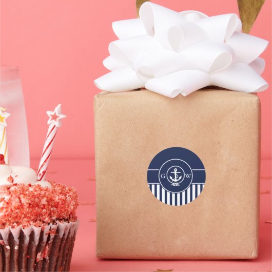 カスタムモノグラムストライプの航海のいかりおよびライン ラウンドシール (パーティー)