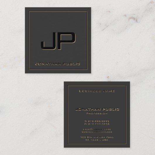 カスタムモノグラムテンプレートブエレガントラック&金ゴールド スクエア名刺 (正面/裏面)