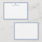 カスタムモノグラムネイビーブルー縁ど文具品 ノートカード (正面/裏面)