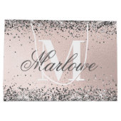 カスタムモノグラムネームシルバーグリッター赤面ピンク ラージペーパーバッグ (裏面)