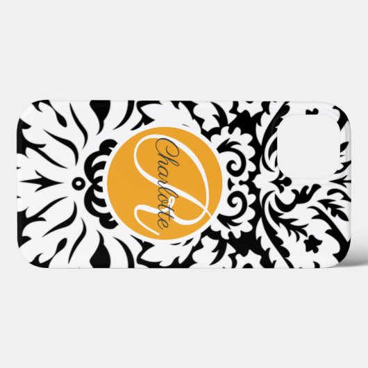 カスタムモノグラムパーソナライズされたオレンジブラックダマスク Case-Mate iPhoneケース (裏面 (横))