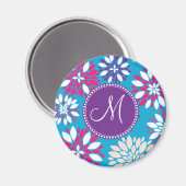 カスタムモノグラムパープルピンク白い花オンブルー マグネット (正面/裏面)