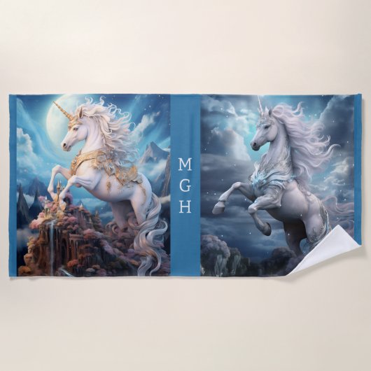 カスタムモノグラムビューティフルユニコーン ビーチタオル (正面)