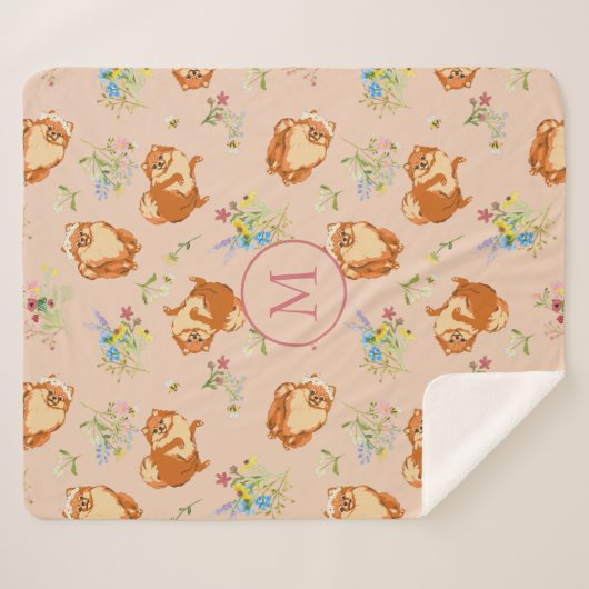 カスタムモノグラムフローラポメラニア犬パターンピンク シェルパブランケット (正面(横))