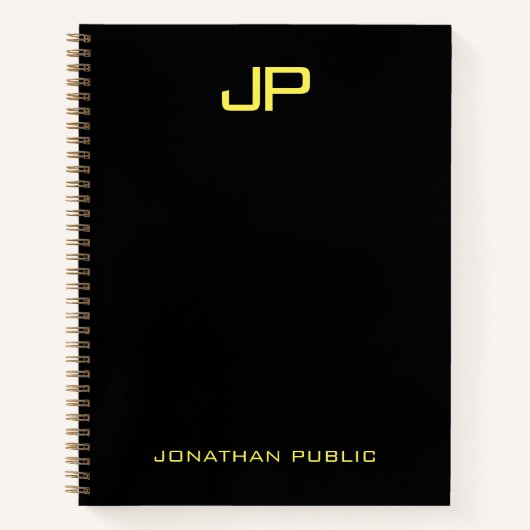 カスタムモノグラムブラック金ゴールド名テンプレート ノートブック (正面)