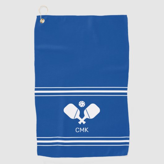 カスタムモノグラムブルー白ピックボール汗タオル ゴルフタオル (正面)