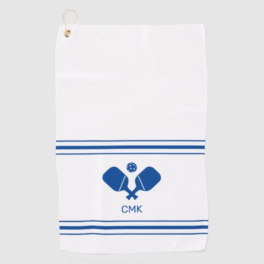 カスタムモノグラムブルー白ピックボール汗タオル ゴルフタオル (正面)