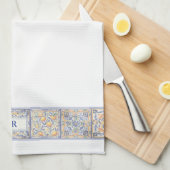 カスタムモノグラムブルー&イエロータ地中海のイル キッチンタオル (四つ折り)