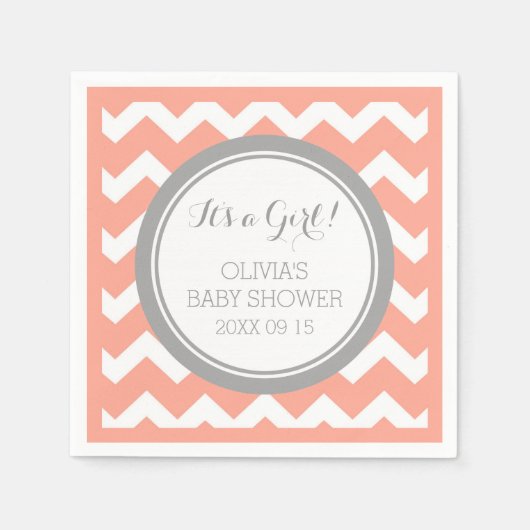 カスタムモノグラムベビーシャワーコーラルグレーナプキン スタンダードカクテルナプキン (正面)