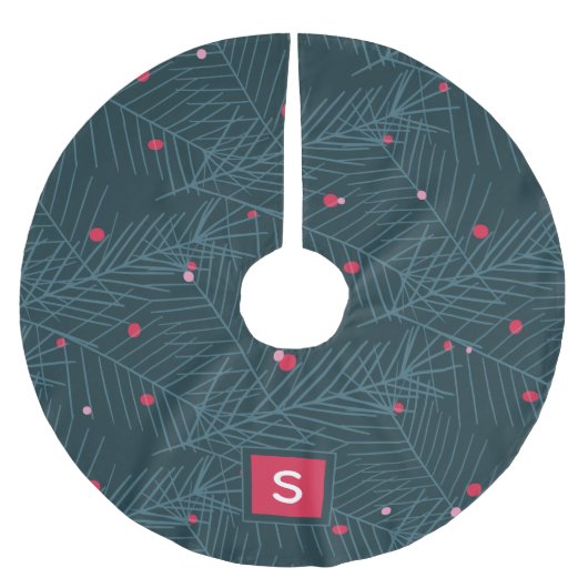 カスタムモノグラムモダンスプルチェレッドホリデイ ブラッシュドポリエステルツリースカート (正面)