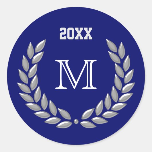 カスタムモノグラムライトグレーローレルリースオンブルー ラウンドシール (正面)
