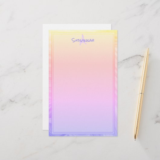 カスタムモノグラムレインボーパープルピンク縁どオレンジ 便箋 (正面/裏面インサイチュ)