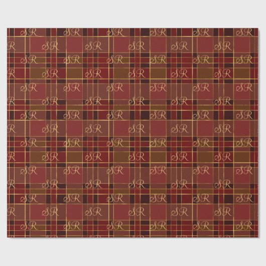 カスタムモノグラムレッド金ゴールドクリスマスプレイド ラッピングペーパー (フラット)