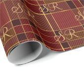 カスタムモノグラムレッド金ゴールドクリスマスプレイド ラッピングペーパー (ロールコーナー)