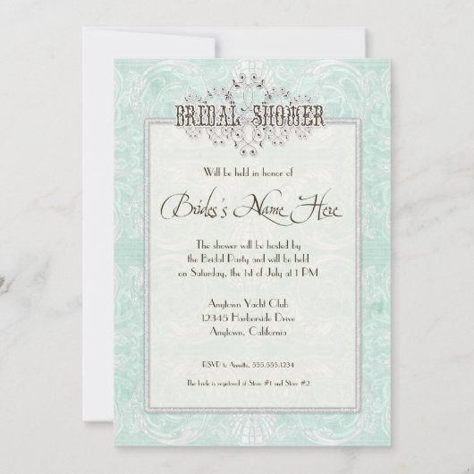 カスタムモノグラムヴィンテージダマスクレースルックアクアブルー 招待状 (裏面)
