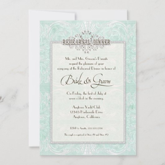 カスタムモノグラムヴィンテージダマスクレースルックアクアブルー 招待状 (裏面)