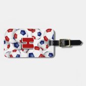 カスタムモノグラム入りアスレチック赤青サッカー ラゲッジタグ (正面横)