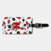 カスタムモノグラム入りアスレチック赤黒サッカー ラゲッジタグ (正面横)