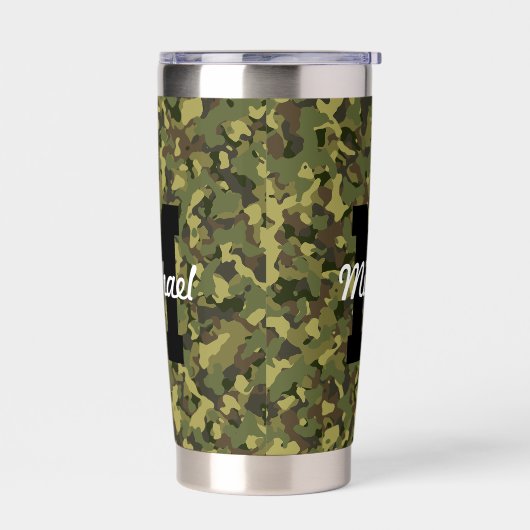 カスタムモノグラム名クールスポーツメンズグリーン迷彩柄 保温保冷タンブラー (左面)