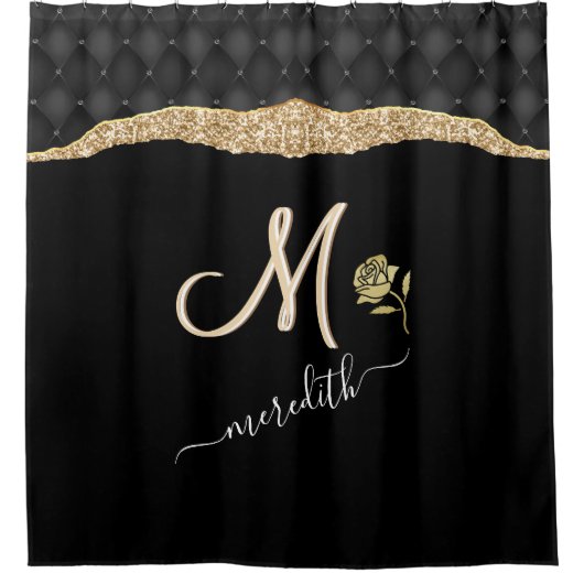 カスタムモノグラム名バラエレガント金ゴールドブラックショー シャワーカーテン (正面)