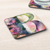 カスタムモノグラム宝石トーン水色フローラ コースター (左側)