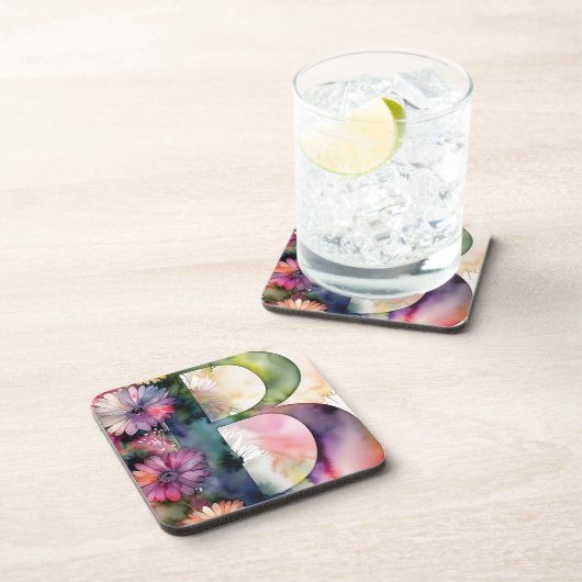 カスタムモノグラム宝石トーン水色フローラ コースター (右側)