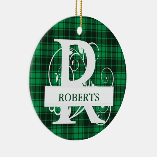 カスタムモノグラム文字R緑の格子背景 セラミックオーナメント (右)