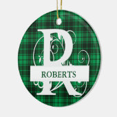 カスタムモノグラム文字R緑の格子背景 セラミックオーナメント (左)