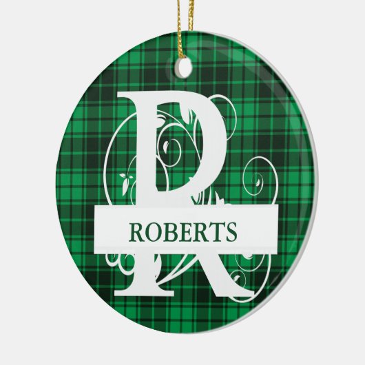 カスタムモノグラム文字R緑の格子背景 セラミックオーナメント (左)