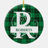 カスタムモノグラム文字R緑の格子背景 セラミックオーナメント (裏面)