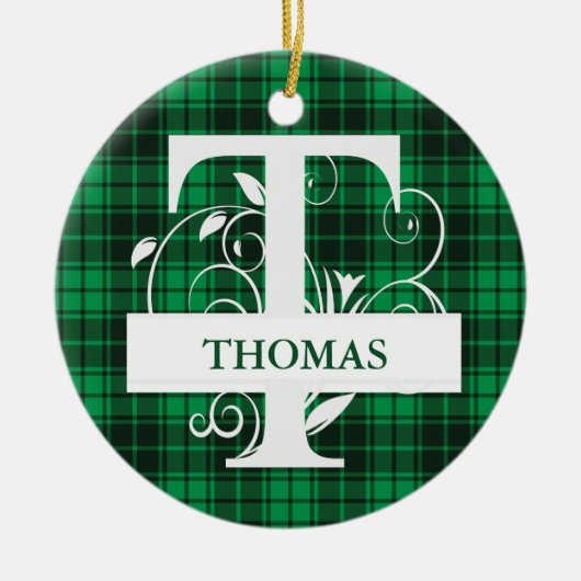 カスタムモノグラム文字T緑の格子背景 セラミックオーナメント (正面)