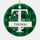 カスタムモノグラム文字T緑の格子背景 セラミックオーナメント (裏面)
