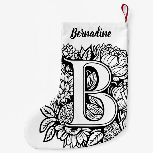 カスタムモノグラム白黒フローラタトゥーアート スモールクリスマスストッキング (裏面)