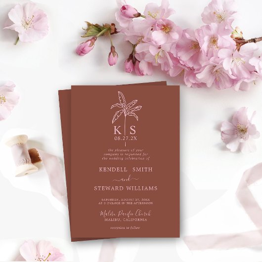 カスタムモノグラム結婚のロゴパームツリー招待状 招待状