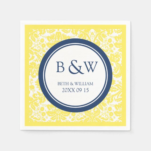 カスタムモノグラム結婚ズナプキンイエローブルーダマスク スタンダードカクテルナプキン (正面)